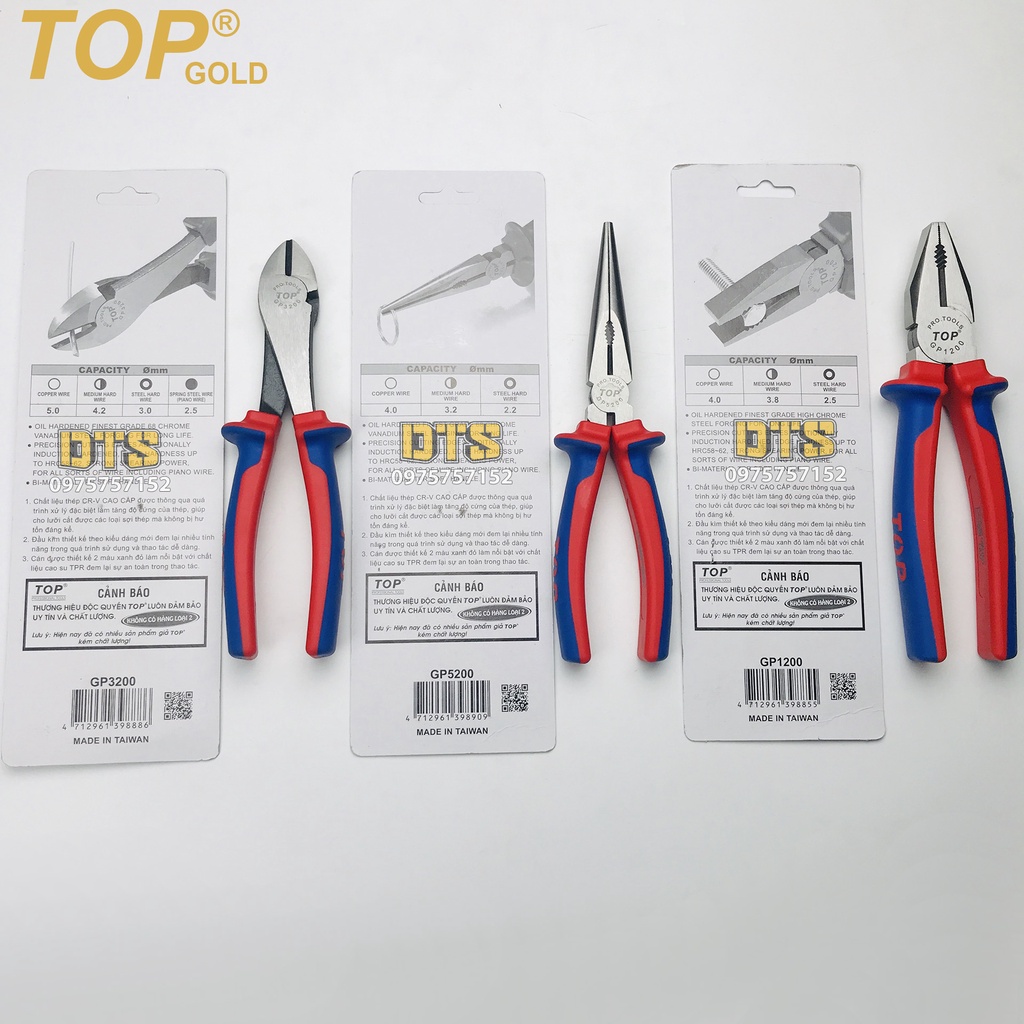 Kìm điện - cắt - nhọn trợ lực chuyên nghiệp 200mm TOP GOLD, thép Hi-Cr cao cấp, thiết kế cộng lực tiết kiệm 50% lực bấm