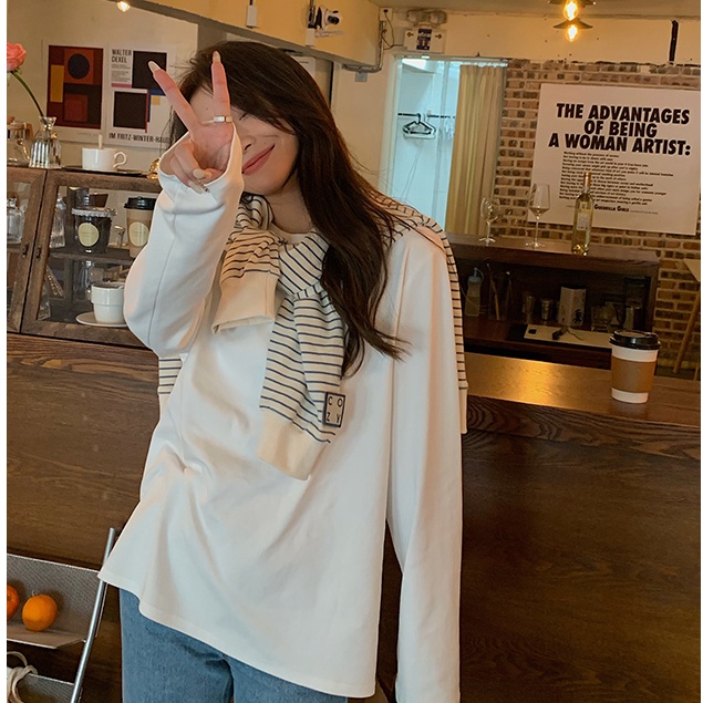 Áo Nỉ Cổ Tròn Form Rộng Họa Tiết Kẻ Sọc Thời Trang Mùa Thu