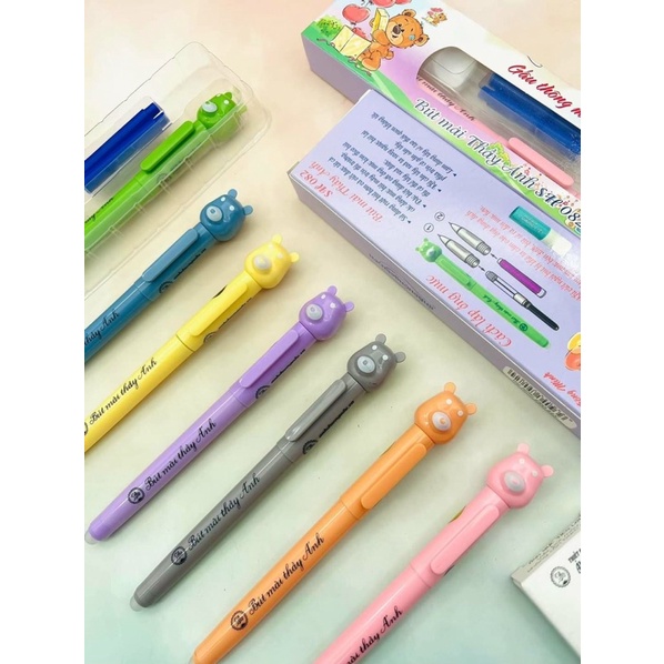 Bút máy hình gấu gắn ống mực xoá được SH082,ngòi kim êm
