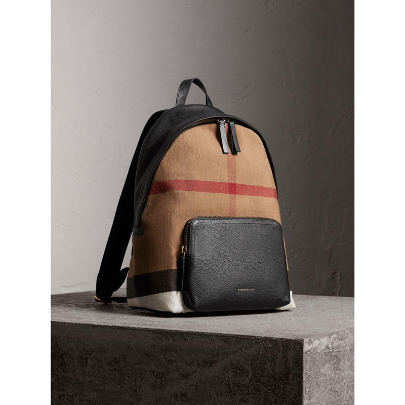 TNS- Balo form vuông unisex hottrend Burberrie backpack chất dạ caro phối da đen cá tính