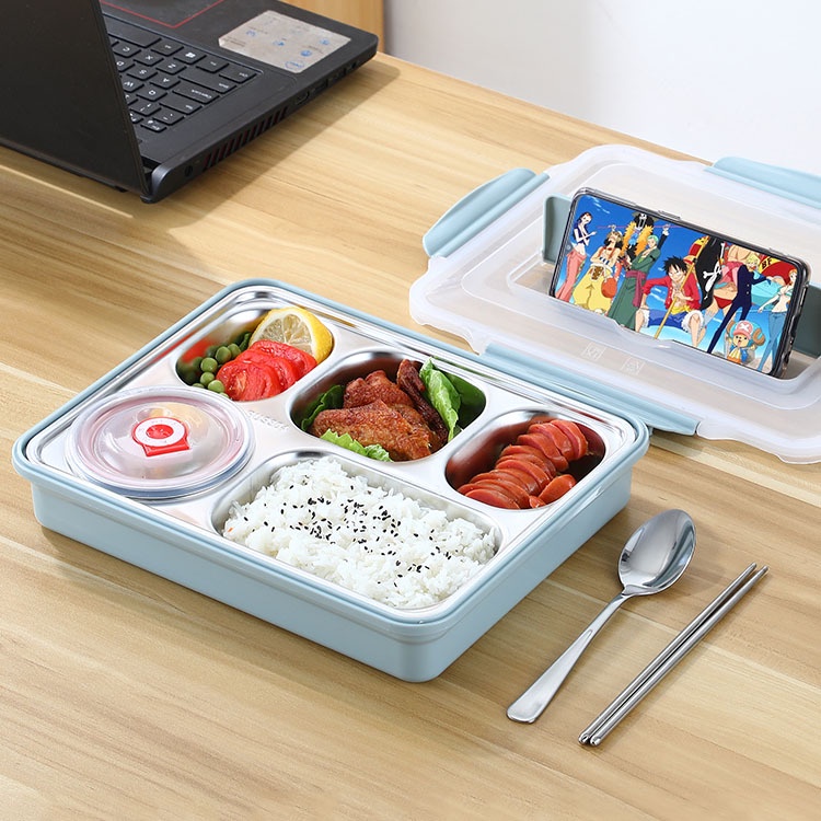 Khay cơm lõi INOX 5 NGĂN kèm đũa và thìa có nắp đậy tiện lợi