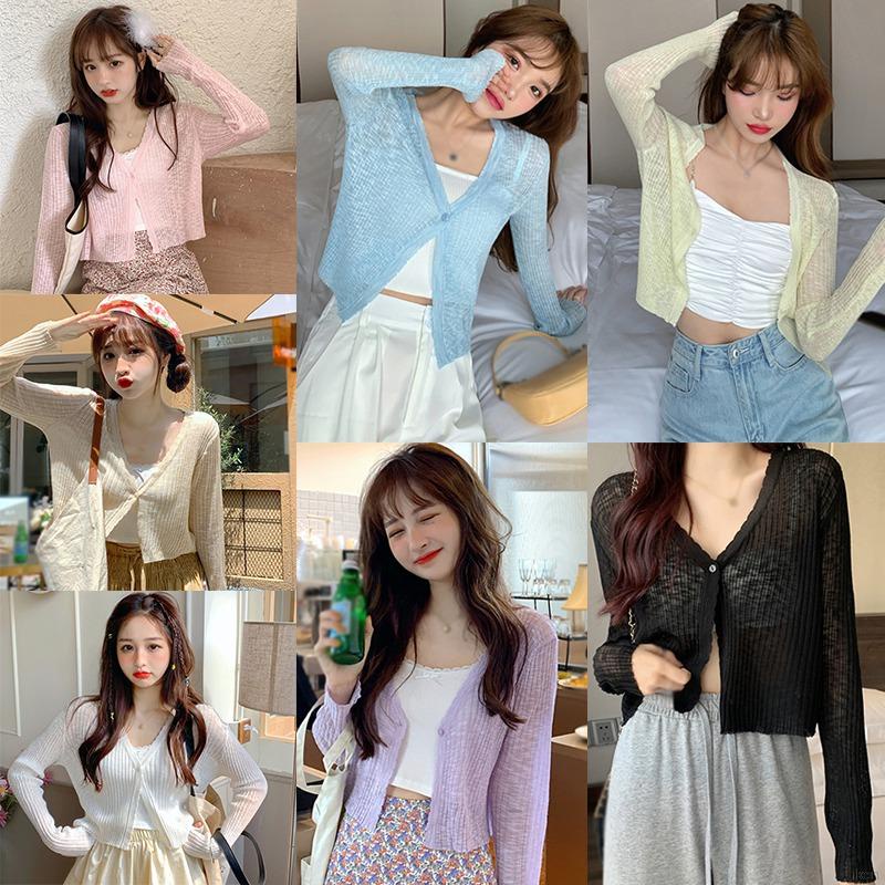 Áo khoác cardigan ngắn cổ chữ V bằng lụa mát thời trang mùa hè cho nữ