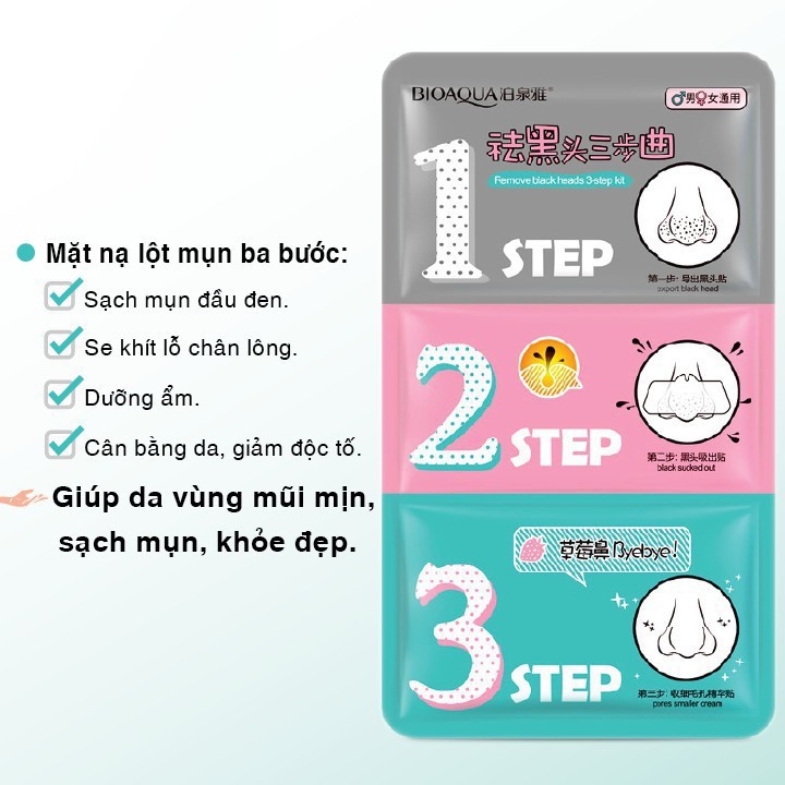 (Set 3 bước) Mặt Nạ Lột Mụn Đầu Đen 3 Bước Bioaqua - Lột Mụn Đầu Đen Ở Mũi - vibesvietnam