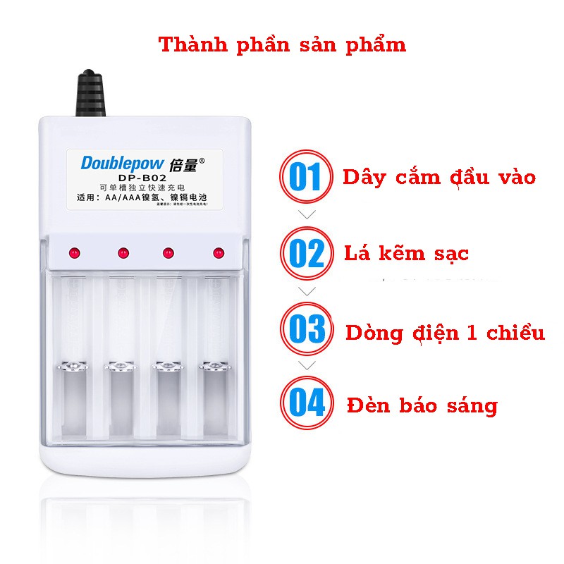 Bộ sạc đa năng Doublepow DP-B02 dùng sạc cho 4 viên pin tiểu AA hoặc AAA- Sạc chính hãng