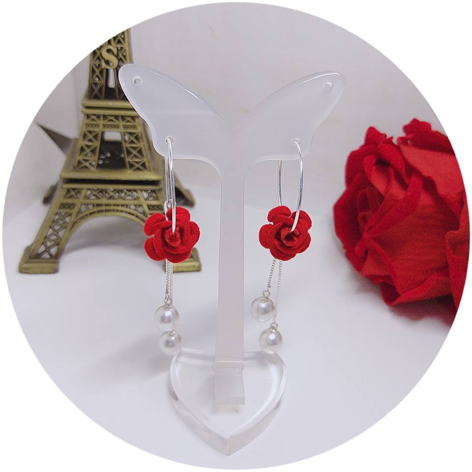 Bông tai hoa hồng đỏ kết hợ treo trai bạc ta