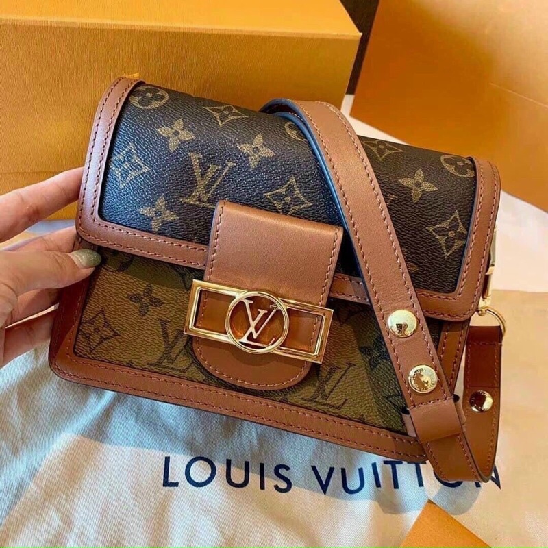 Túi đeo chéo dauphine pha vàng viền nâu đậm chuẩn fullbox kèm video ảnh thật
