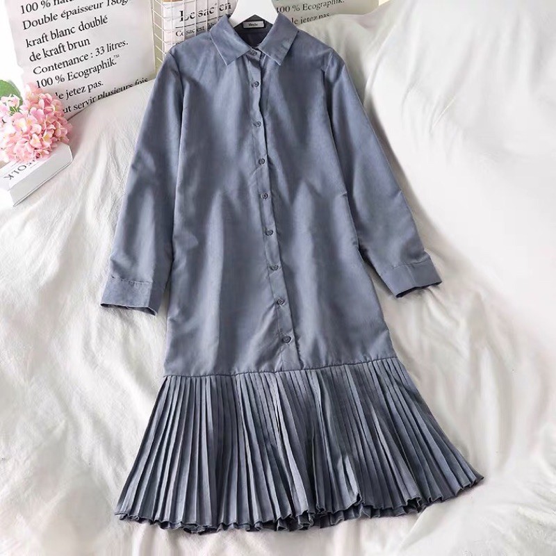 Sét váy sơ mi chân đuối cá và áo gile len dáng dài