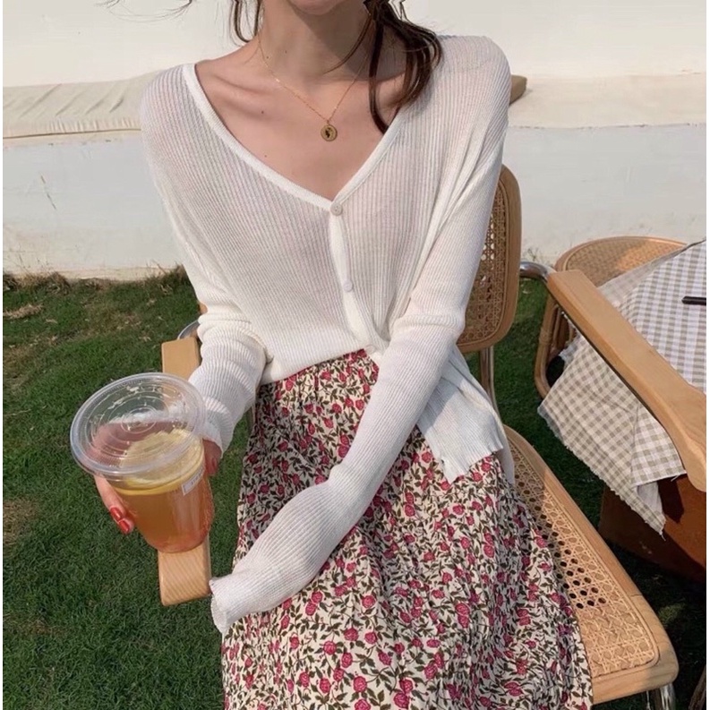 áo len khoác cardigan mỏng cổ tim cài khuy basic (6048#)