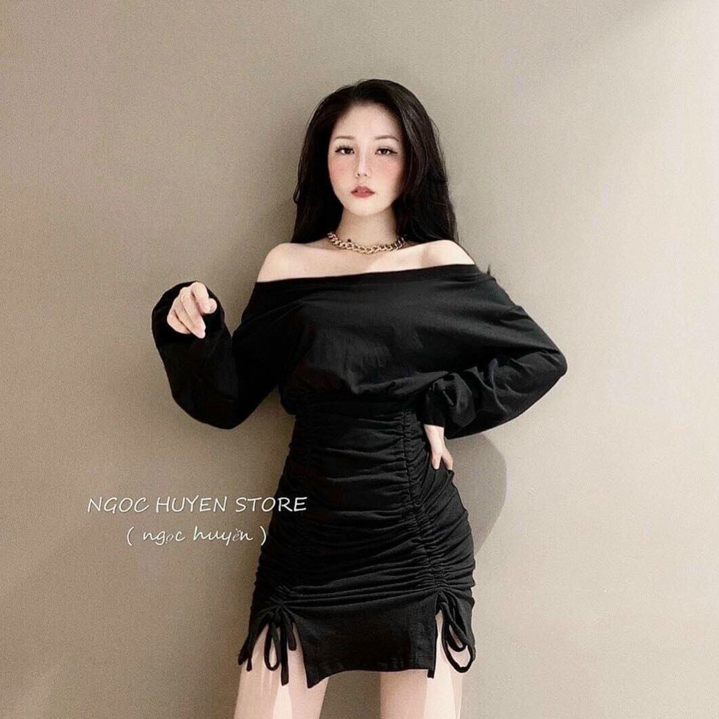 Đầm Body Tay Dài Cổ Vuông Phối Dây Rút Phong Cách Hàn Quốc