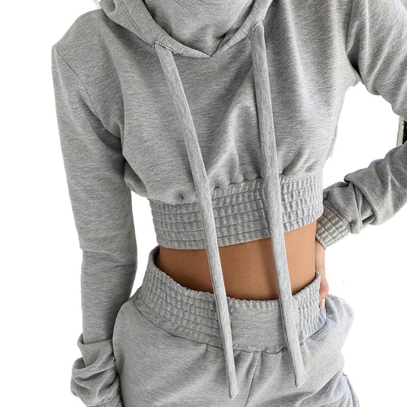 Bộ Áo Hoodie Croptop Màu Xám Nhạt Phối Quần Dài Thời Trang Mùa Thu 2019 Cho Nữ