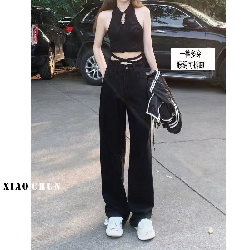 Quần Jean Dài Mỏng Lưng Cao Dáng Rộng Màu Đen Thời Trang 2022 Cá Tính Cho Nữ