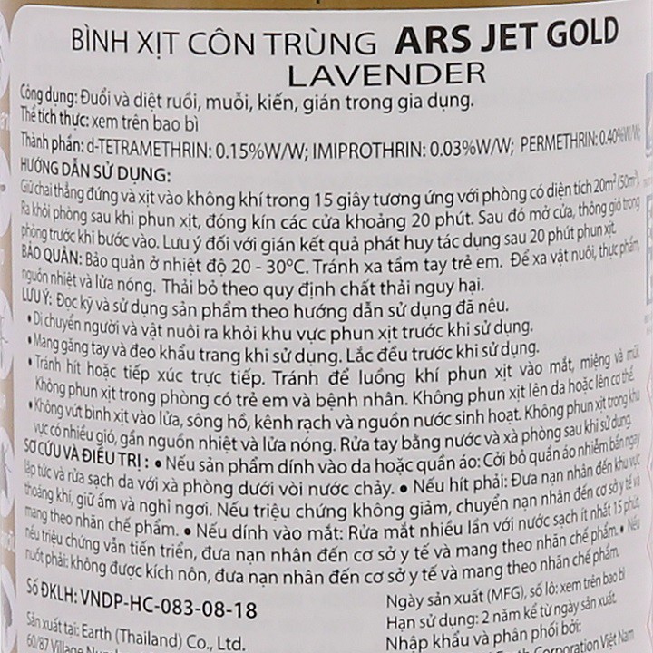 Bình xịt côn trùng ARS Gold Jet hương Lavender 600ml
