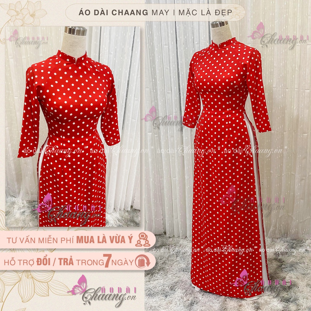 Áo Dài Đỏ Tươi Chấm Bi Trắng May Sẵn Áo Dài Truyền Thống Cổ Vuông Tay Lỡ Lụa Mặc Tết Đẹp