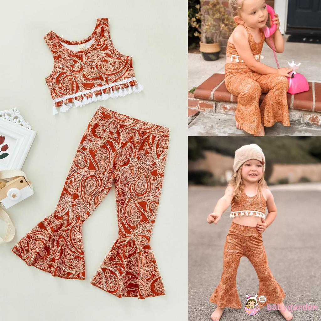 Bộ Áo Croptop Sát Nách Cổ Tròn In Hình Hoa + Quần Dài Ống Loe Thời Trang Cho Bé Gái 1-5 Tuổi