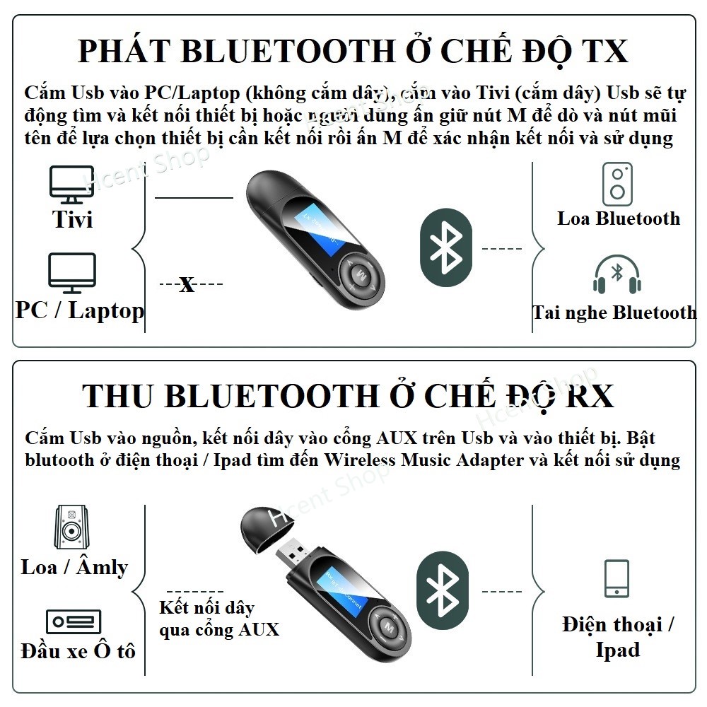 Usb Bluetooth 5.0 thu phát âm thanh Hifi Stereo có màn hình hiển thị cho Tivi, PC, Laptop, loa, âm ly, xe ô tô Jack3.5mm