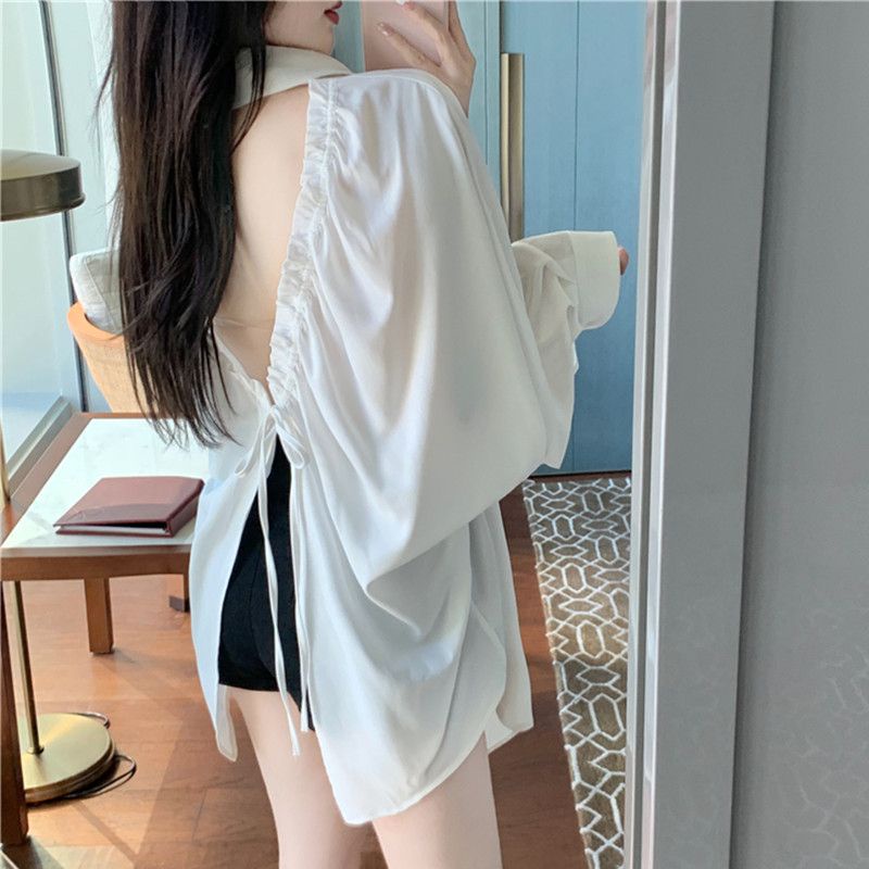 Áo Sơ Mi Hở Lưng Thắt Nơ Sau Lưng Dáng Rộng Phong Cách Hàn Quốc ❤️