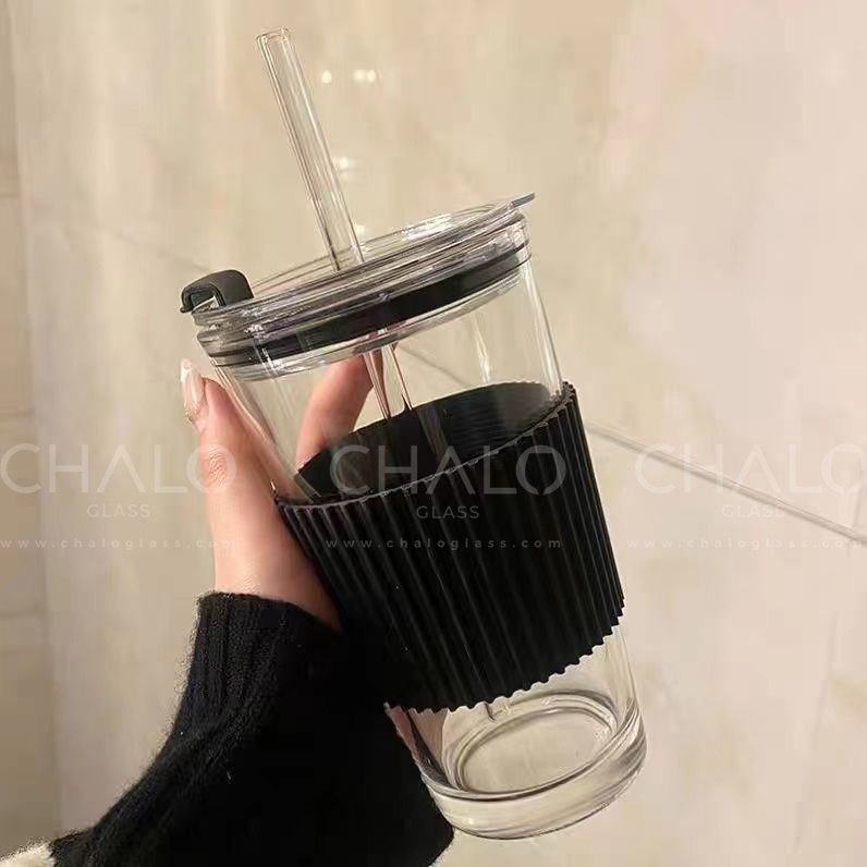 Bình thuỷ tinh đựng nước 450ml (Kèm ống hút)