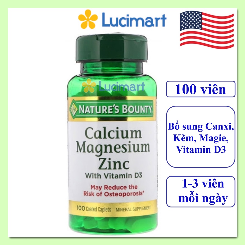 Viên uống Calcium Magnesium Zinc Nature's Bounty hũ 100 viên [Hàng Mỹ hạn dùng 2024]