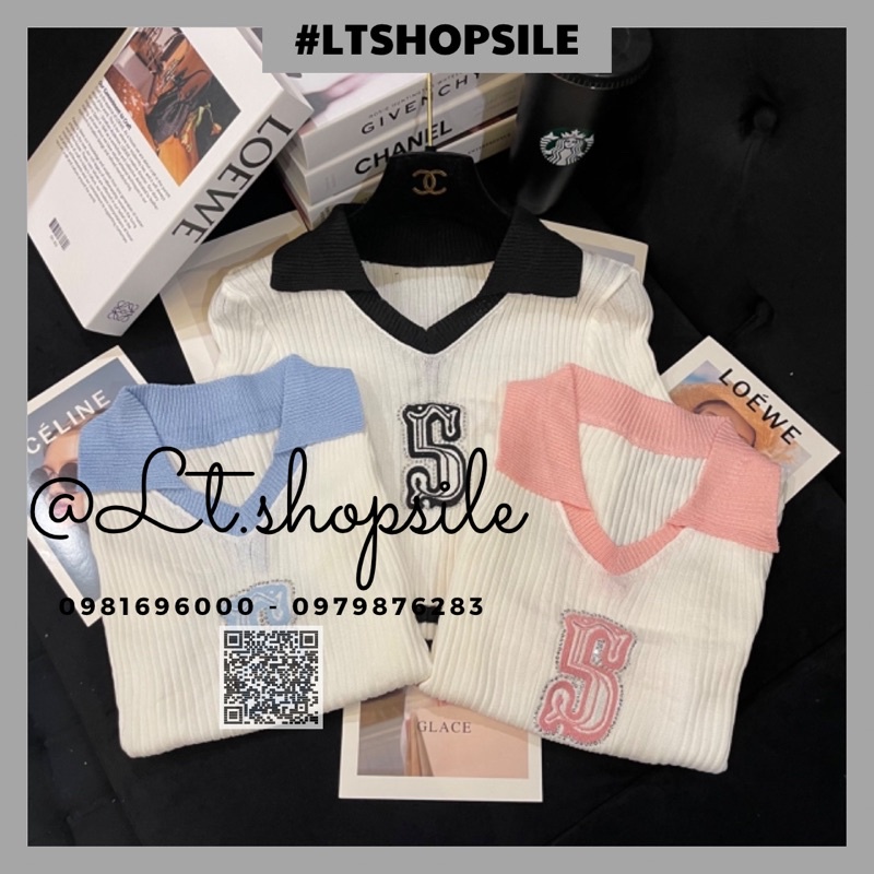 Áo len polo chữ S thêu phối màu viền tay siêu chảnh.