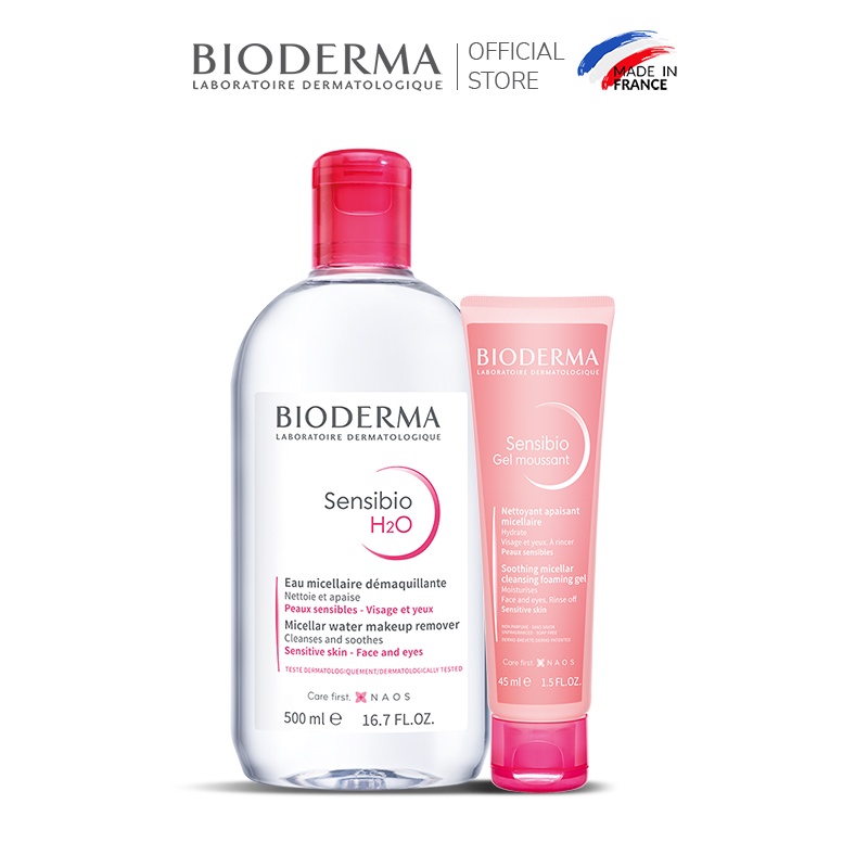 Bộ nước tẩy trang và làm sạch micellar cho da nhạy cảm Bioderma Sensibo H2O 500ml và gel rửa mặt tạo bọt 45ml