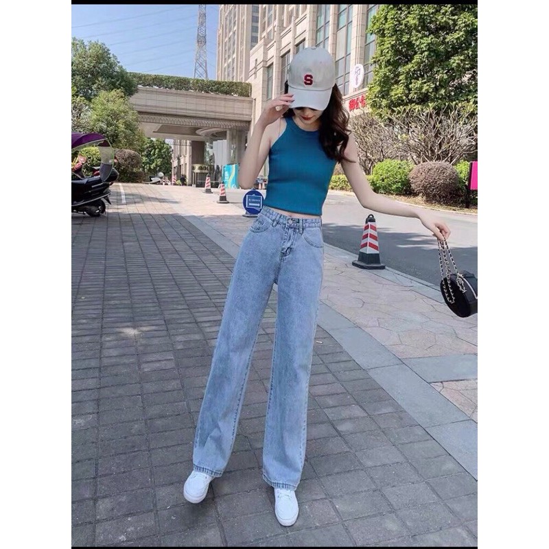Quần jean bò kaki ống rộng suông nữ jeans cạp cao phong cách Hàn Quốc 3 size S M L