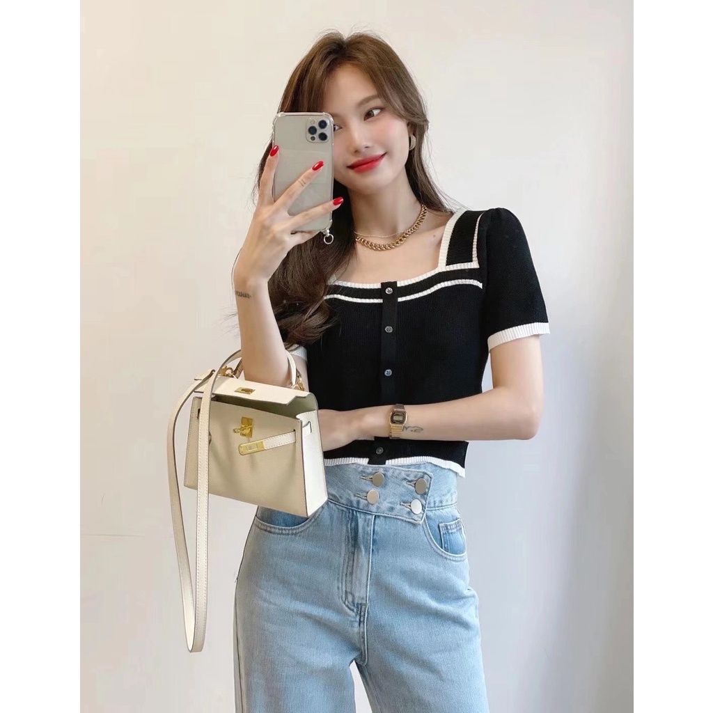 Áo Len Nữ Cổ Vuông, Áo Crotop Nữ Chất Len Phối Quần Chân Váy Siêu Xinh