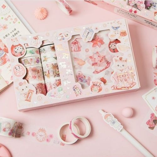 Hộp sticker cute washi tape băng keo trang trí sổ tay set 10 cuộn washi 10 sicker hình dán chống nước dễ thương