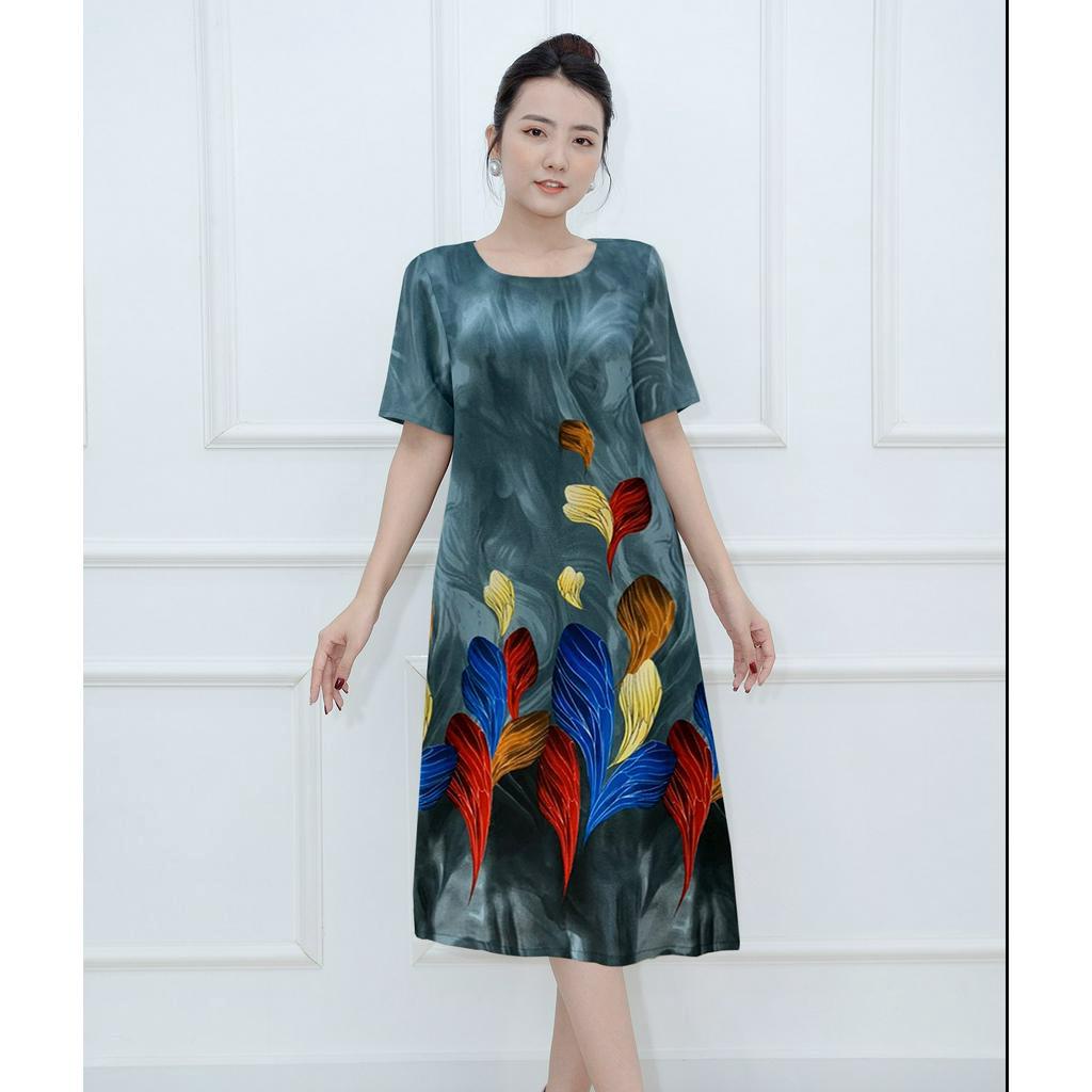 GOTI – Đầm Dáng Suông Trung Niên Dự Tiệc Cao Cấp Vải Lụa In Hoa Sen  Mềm Mịn Cho Mẹ U40 U50 3374 3347 3345