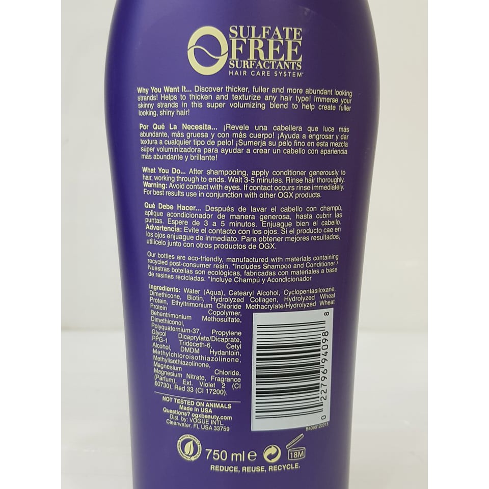 Dầu Gội Dầu Xả Ogx Thick and Full Biotin and Collagen 750ml USA