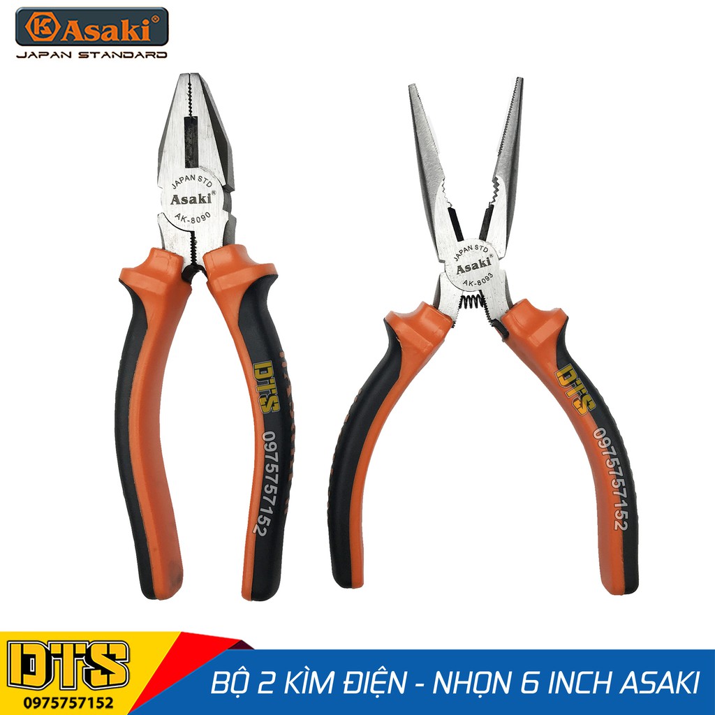 Bộ 2 kìm điện - kìm nhọn kiểu Mỹ Asaki A+cut Tech 6 inch/ 150mm, thép High Carbon độ cứng cao