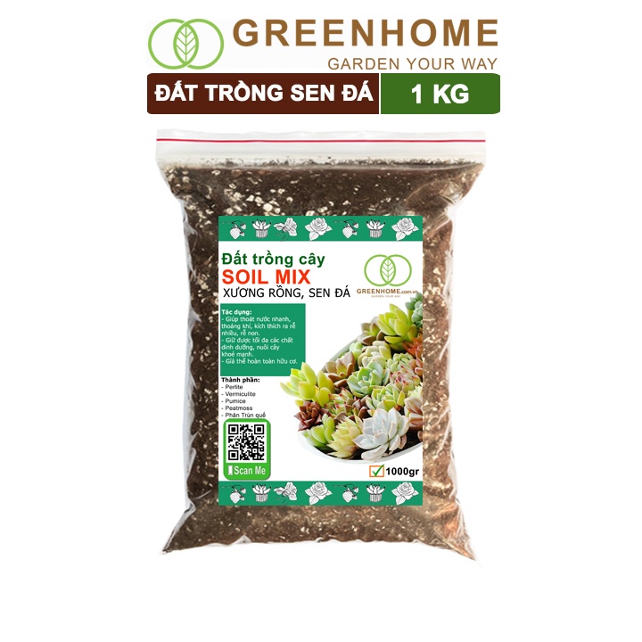 Đất trồng Sen đá Soil Mix, bao 1kg, đầy đủ dinh dưỡng, thoát nước tốt, Sen đá bền màu |Greenhome