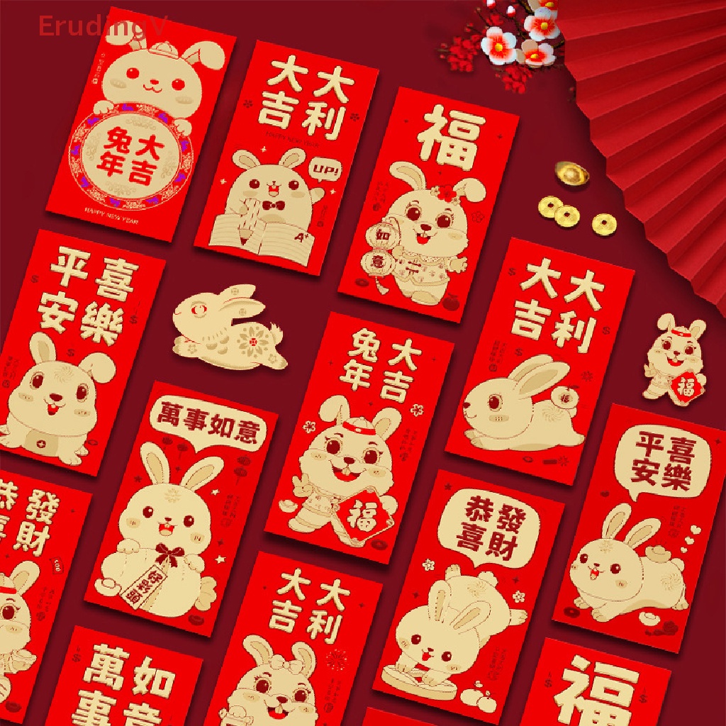 Set 6 Bao Lì Xì Đỏ Hình Thỏ Hoạt Hình Trung Hoa 2023