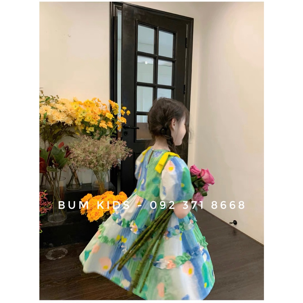 Váy hoa xanh đính nơ vàng điệu đà cho bé gái từ 8-35kg cao cấp G20