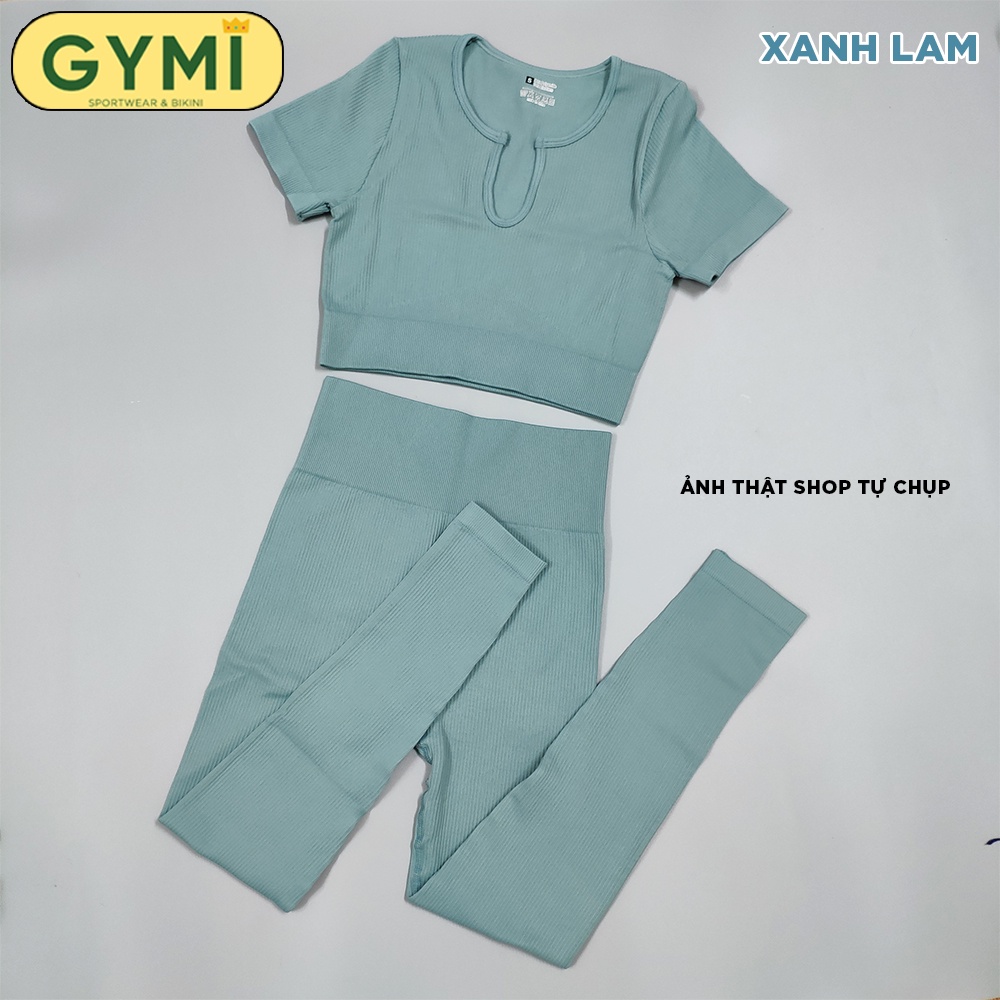 Set bộ đồ tập gym yoga nữ GYMI SET15 gồm áo croptop ngắn tay và quần legging dài thể thao chất dệt thun gân cao cấp