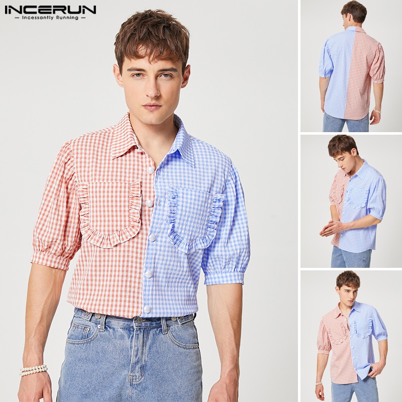 Áo sơ mi Incerun tay ngắn viền nhún bèo in kẻ sọc nhiều màu bắt mắt kiểu mùa hè cho nam
