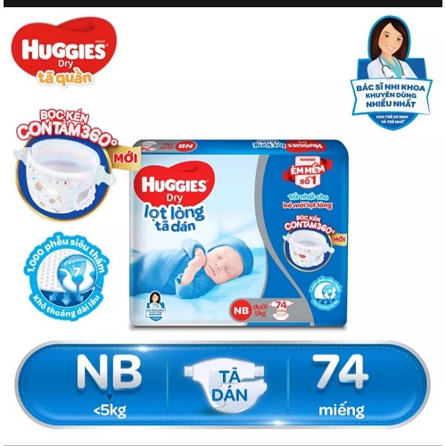 Tả dán Huggies sơ sinh nb74 miếng tặng 10 miếng,huggies dán cho bé sơ sinh dưới 5kg bọc kén con tằm 360