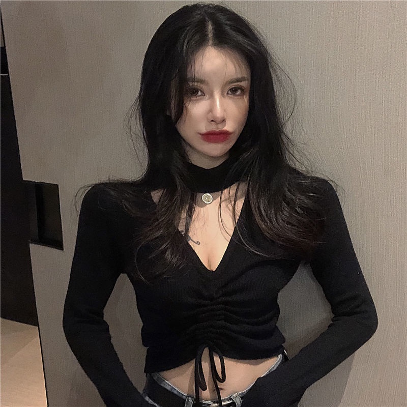Áo croptop len dệt kim dây rút xanh Blue khoét cổ quyến rũ mẫu 2021 | BigBuy360 - bigbuy360.vn