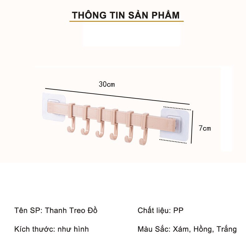 Thanh nhựa dán tường có 6 móc treo đồ đa năng - siêu chắc