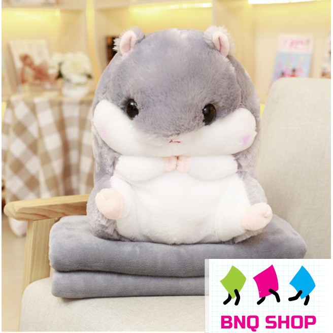 Gối Mền Thú Bông CHUỘT HAMSTER 3 trong 1, Kèm Mền Nỉ Nhung Cực Mịn, Siêu Dễ Thương