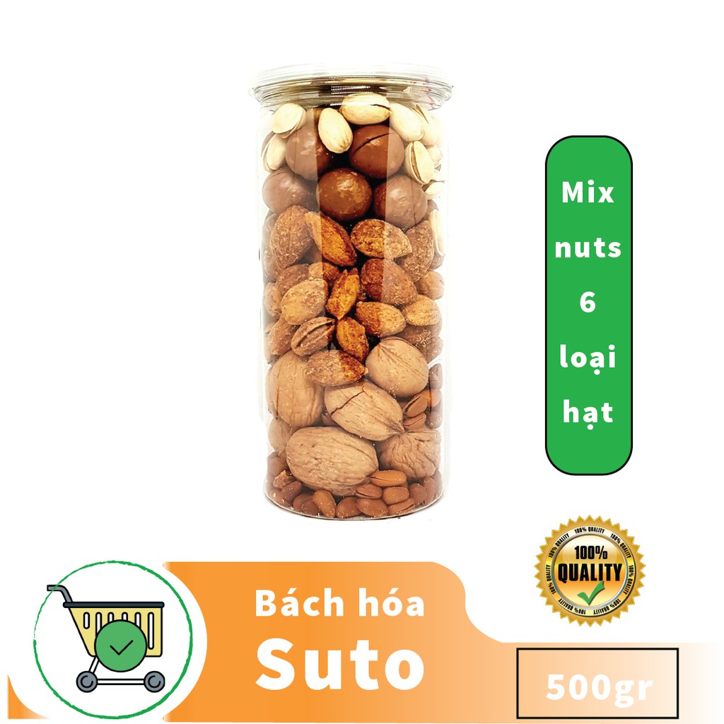 Mix Nuts 6 loại hạt dinh dưỡng hỗn hợp óc chó, hạnh nhân, hạt thông Mỹ, macca, hồ đào, hạt dẻ cười hộp 500gr Sutoshop | BigBuy360 - bigbuy360.vn