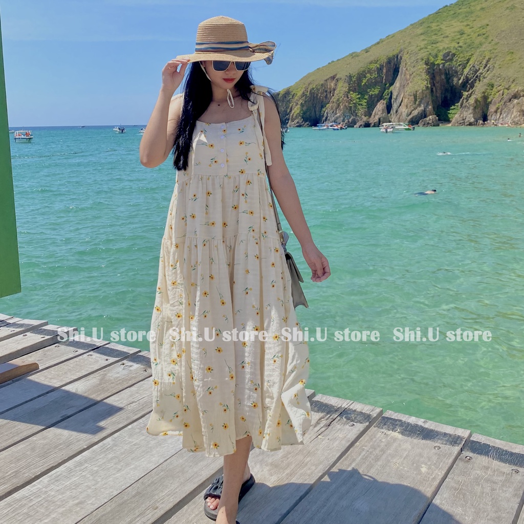 Váy 2 dây hoa nhí babydoll dáng dài 2 lớp chất đũi buộc nơ vai đầm hoa vàng 2s xinh xắn