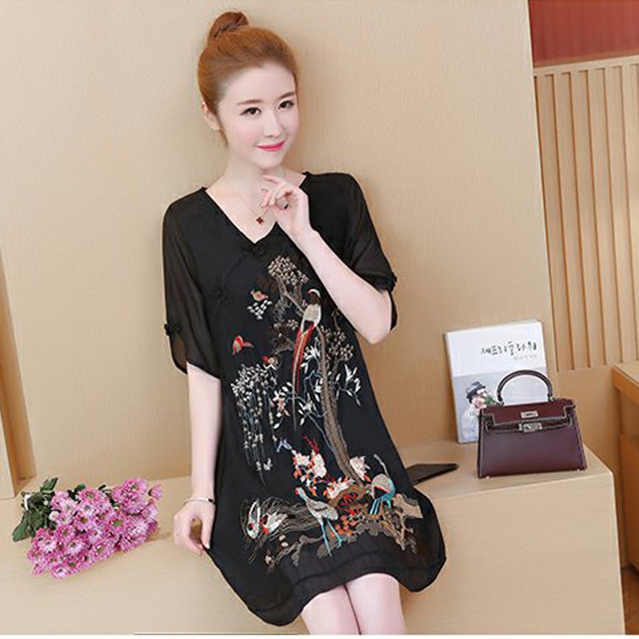 Đầm voan thêu hạc cổ xéo, đầm voan thêu cực sang trọng, dáng xòe dễ thương | BigBuy360 - bigbuy360.vn