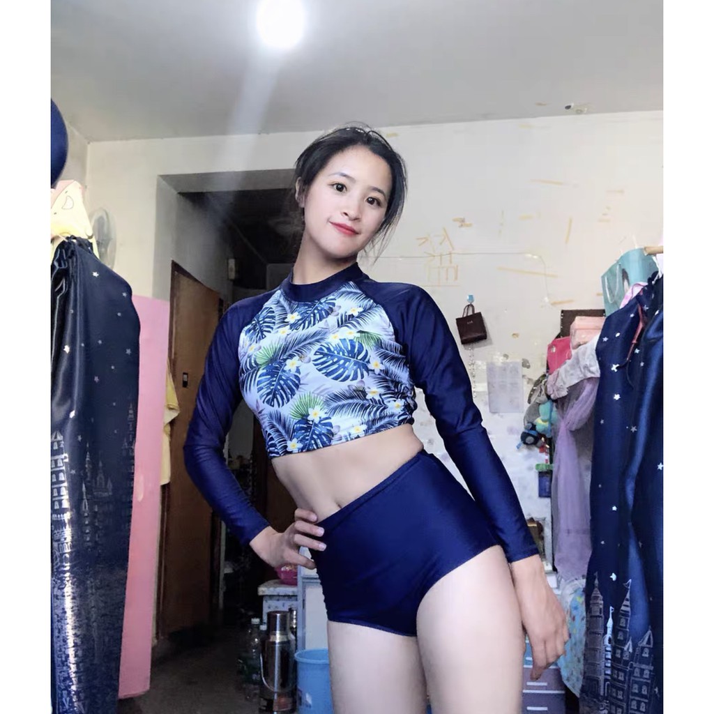 Set bộ bikini 2 mảnh Forgirl tay dài Quảng Châu hoạ tiết thổ cẩm chất liệu cao cấp