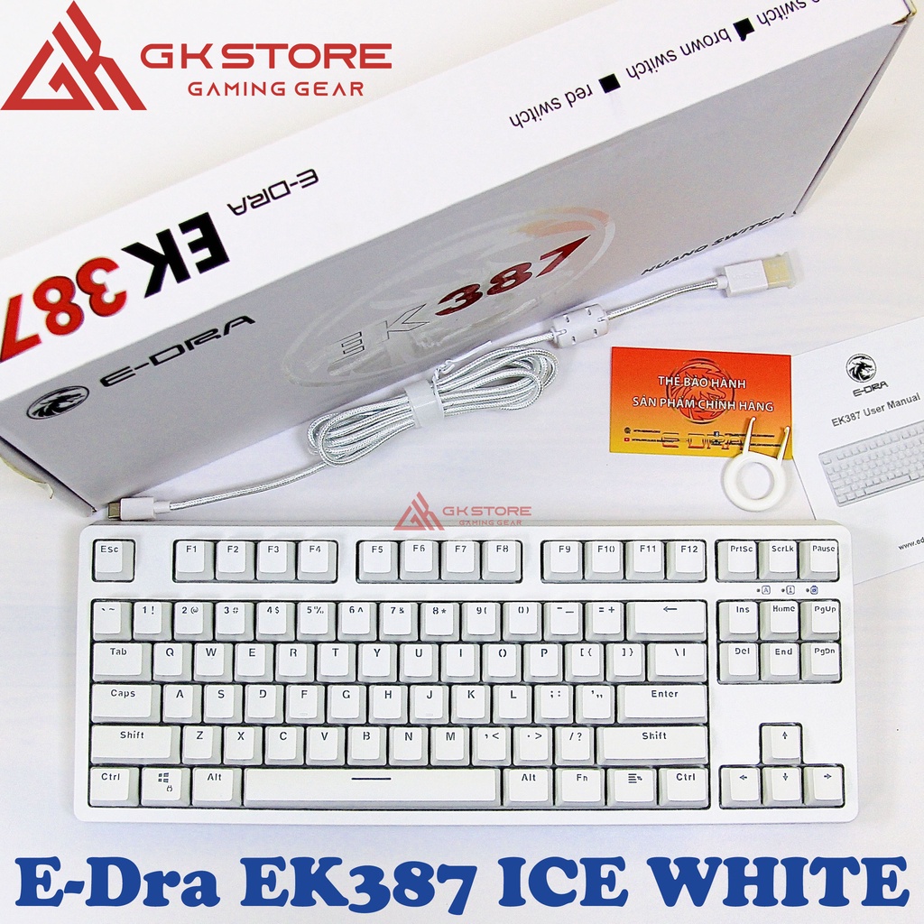 Bàn phím cơ⚡️𝐂𝐚𝐦 𝐤𝐞̂́𝐭 𝐜𝐡𝐢́𝐧𝐡 𝐡𝐚̃𝐧𝐠⚡️E-Dra EK387 Ice White, led đơn xanh nhiều chế độ đẹp mắt, gõ cực êm