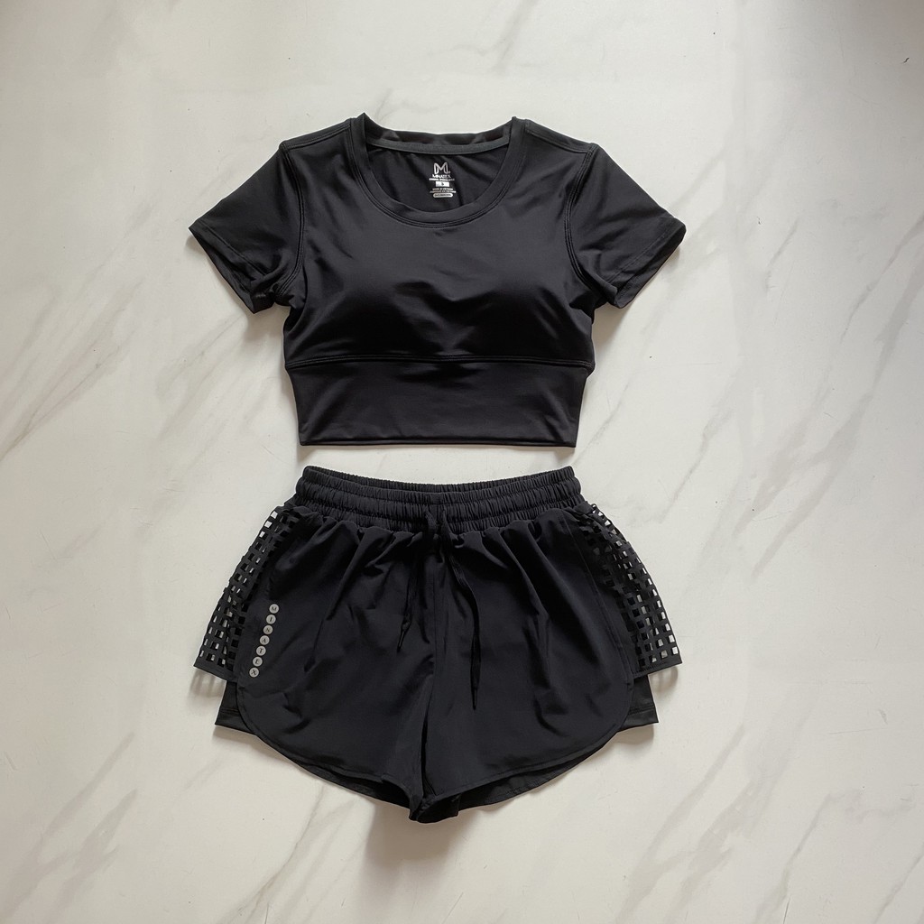 Bộ croptop quần đùi 2 lớp tập gym yoga chạy bộ chất mịn đẹp không xù co giãn 4 chiều hút mồ hôi tốt Minatex