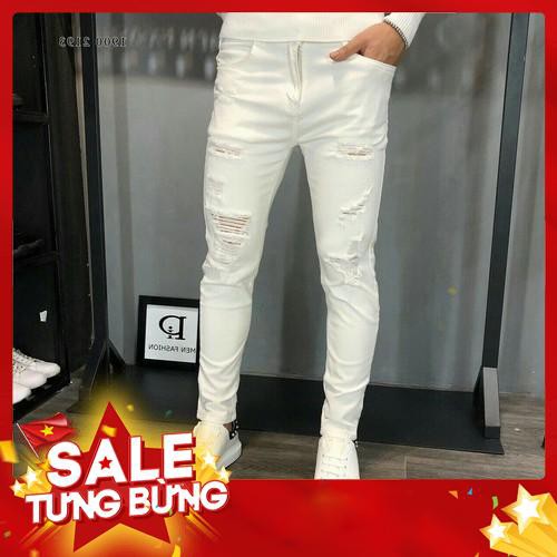 Quần Jean Nam trắng trơn phối rách bụi bặm - Hàng nhập khẩu