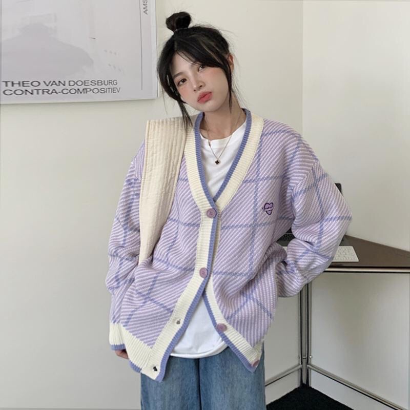 Áo cadigan kẻ tím xanh, áo len cổ V chất dày dặn form to dáng rộng, áo cardigan len nữ màu tím pastel