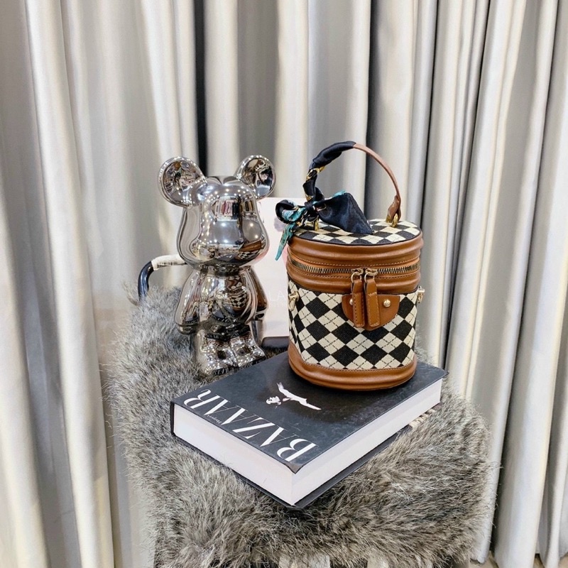 Túi Xách Nữ Dáng Cốp Tròn Ô Trám, Túi Đeo Chéo Nữ Kèm Khăn