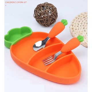 Bộ khay ăn dặm cho bé bằng silicon hình cà rốt đầy đủ thìa, dĩa