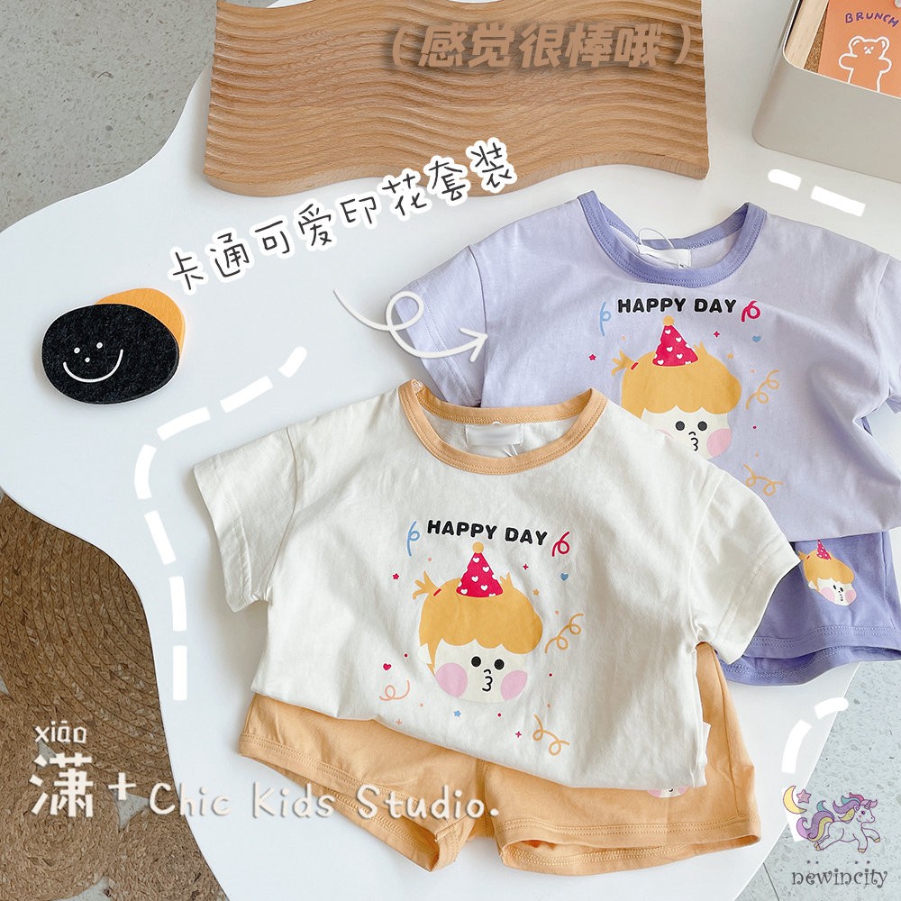 Set Áo Thun Tay Ngắn In Họa Tiết Hoạt Hình + Quần Short Năng Động Thời Trang Phong Cách Hàn Quốc Cho Bé